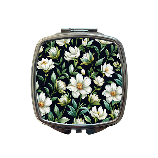 White Flowers Black Background Small Travel Purse Handbag Pocket Makeup Compact Mirror