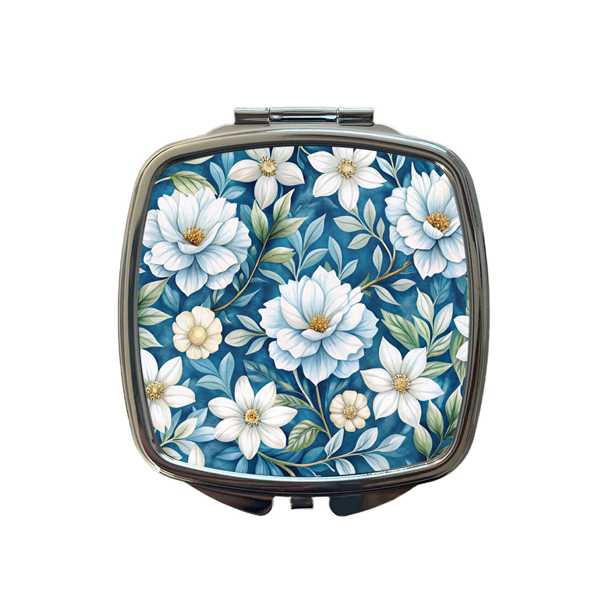 White Flowers Blue Background Small Travel Purse Handbag Pocket Makeup Compact Mirror