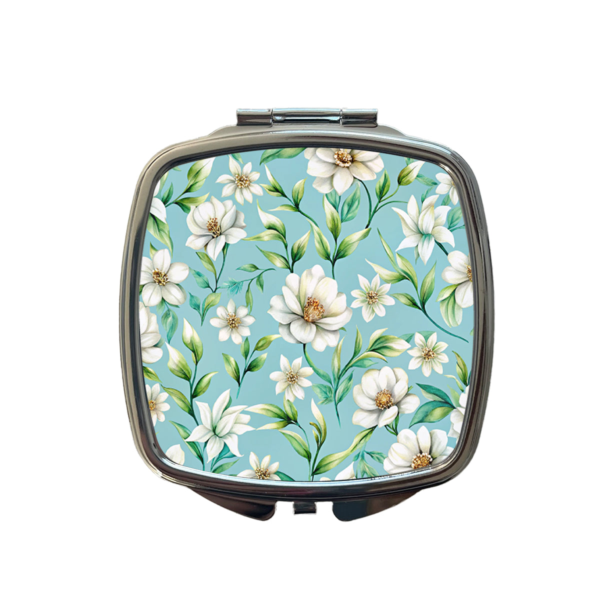 White Flowers Light Blue Background Small Travel Purse Handbag Pocket Makeup Compact Mirror