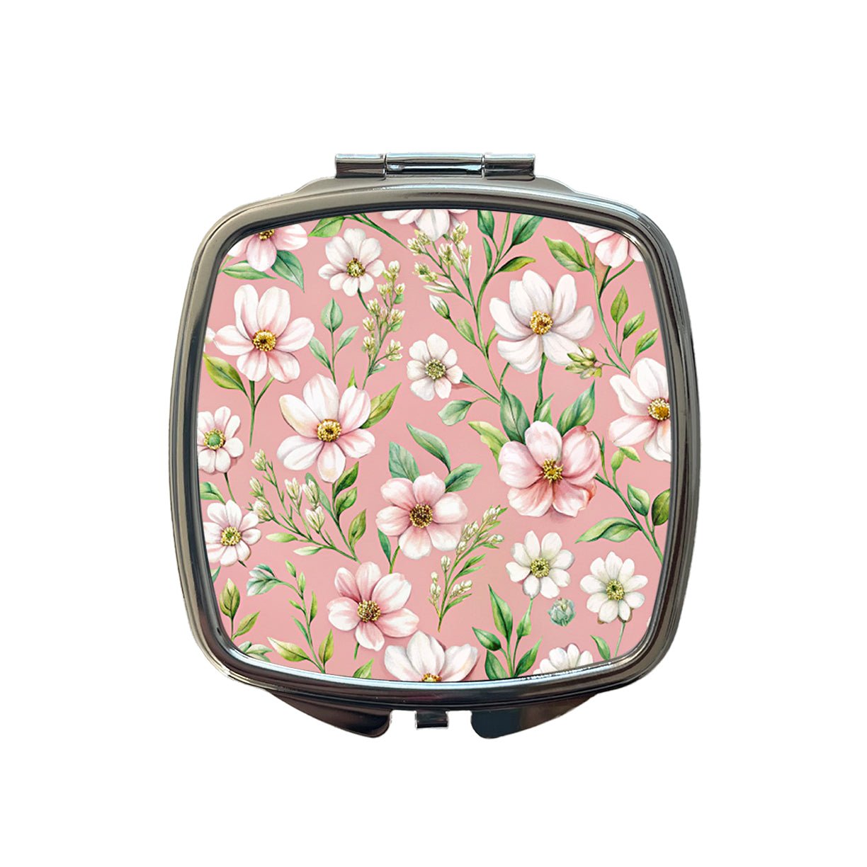 White Flowers Pink Background Small Travel Purse Handbag Pocket Makeup Compact Mirror