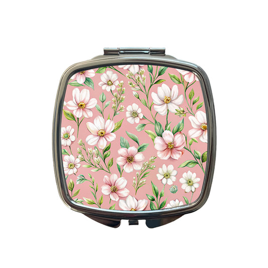 White Flowers Pink Background Small Travel Purse Handbag Pocket Makeup Compact Mirror