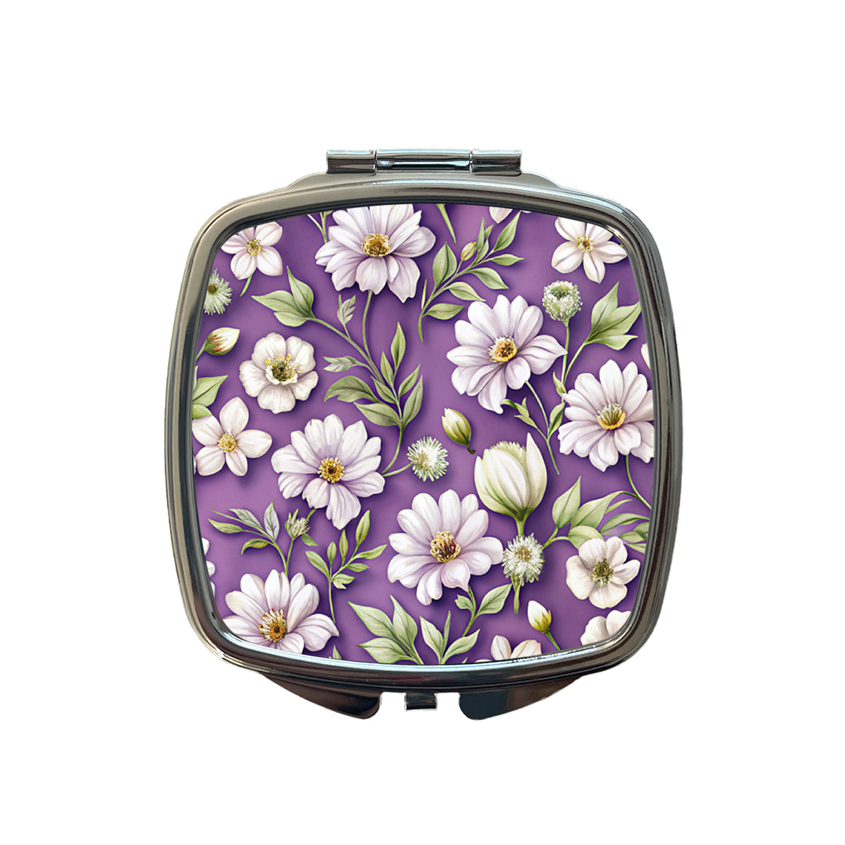 White Flowers Purple Background Small Travel Purse Handbag Pocket Makeup Compact Mirror