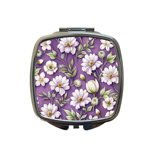White Flowers Purple Background Small Travel Purse Handbag Pocket Makeup Compact Mirror
