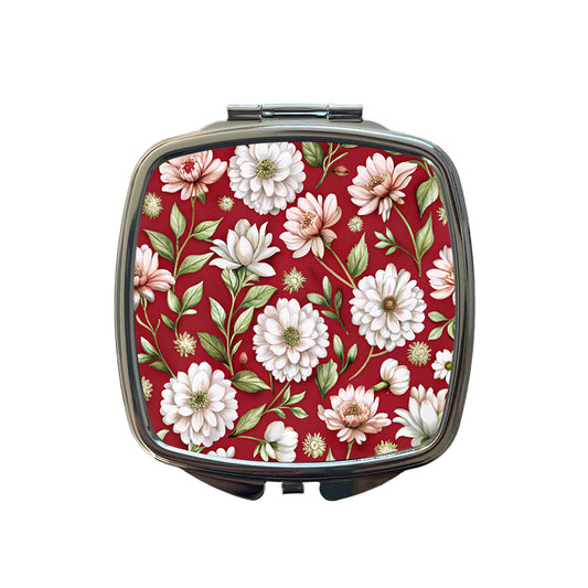 White Flowers Red Background Small Travel Purse Handbag Pocket Makeup Compact Mirror