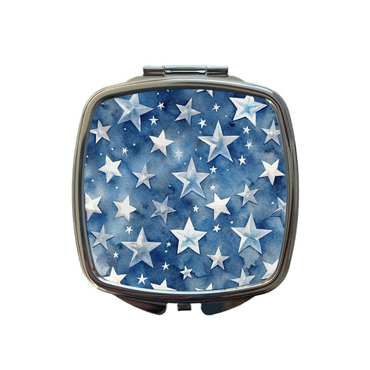 White Stars Blue Background Watercolor Small Travel Purse Handbag Pocket Makeup Compact Mirror