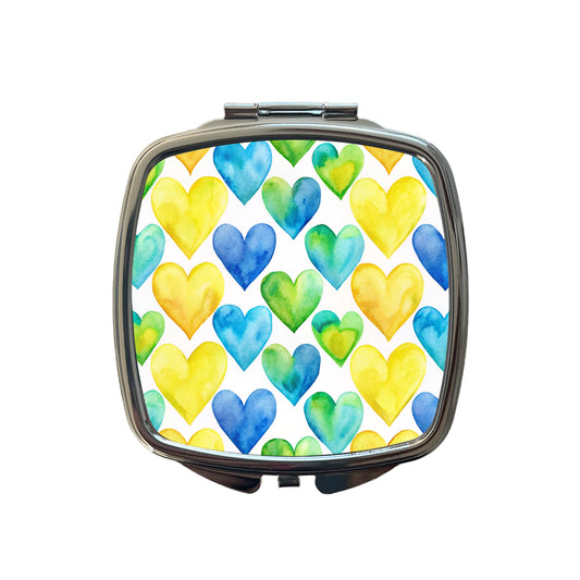 Yellow Blue Green Hearts Watercolor Small Travel Purse Handbag Pocket Makeup Compact Mirror