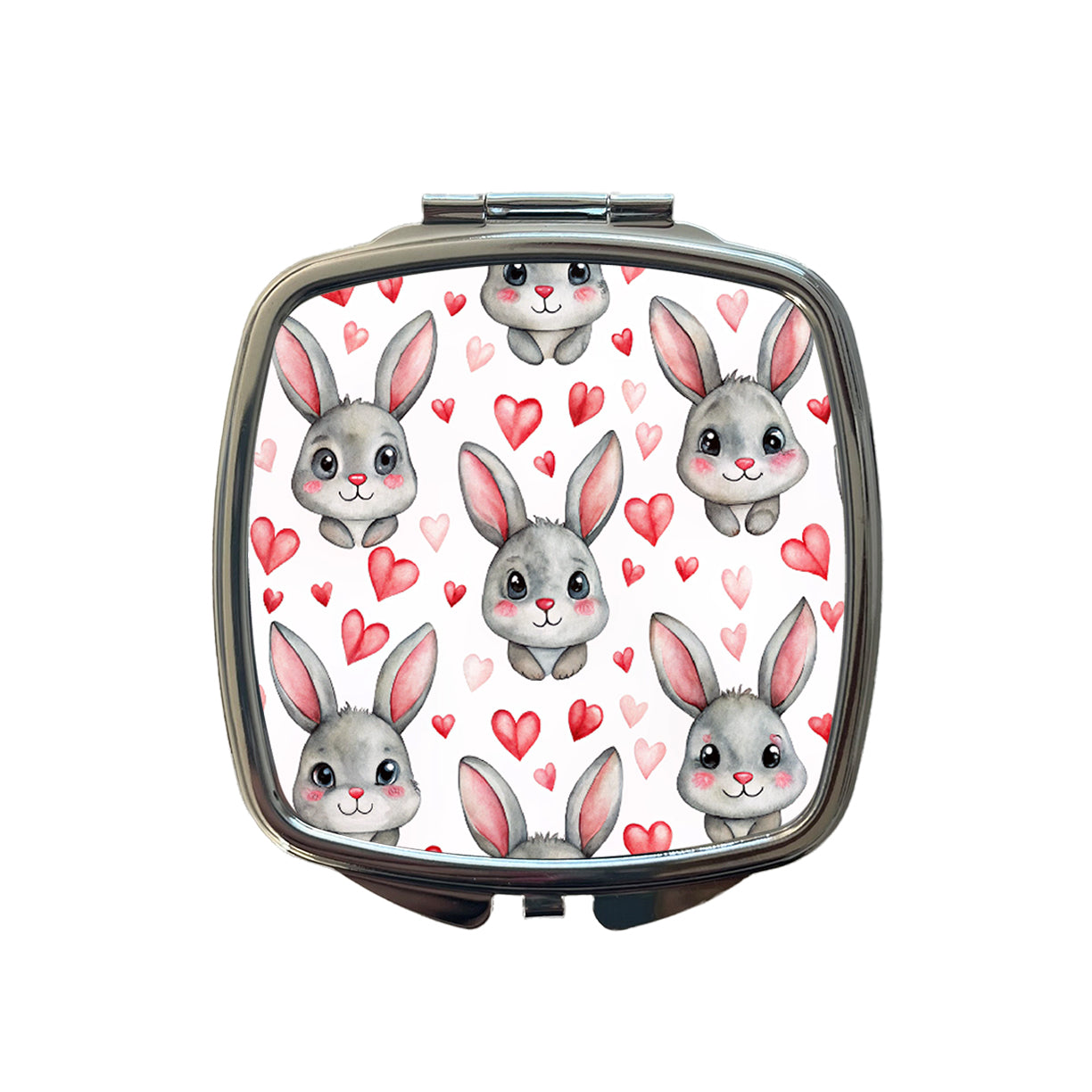 Adorable Gray Bunnies And Hearts Small Travel Purse Handbag Pocket Makeup Compact Mirror