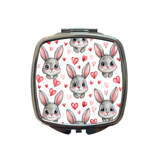 Adorable Gray Bunnies And Hearts Small Travel Purse Handbag Pocket Makeup Compact Mirror