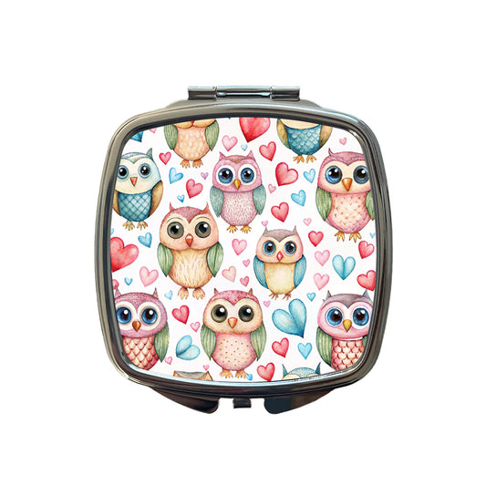 Adorable Owls And Hearts Small Travel Purse Handbag Pocket Makeup Compact Mirror