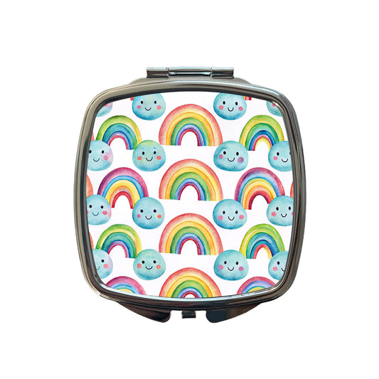 Adorable Smiling Rainbows Clouds Small Travel Purse Handbag Pocket Makeup Compact Mirror