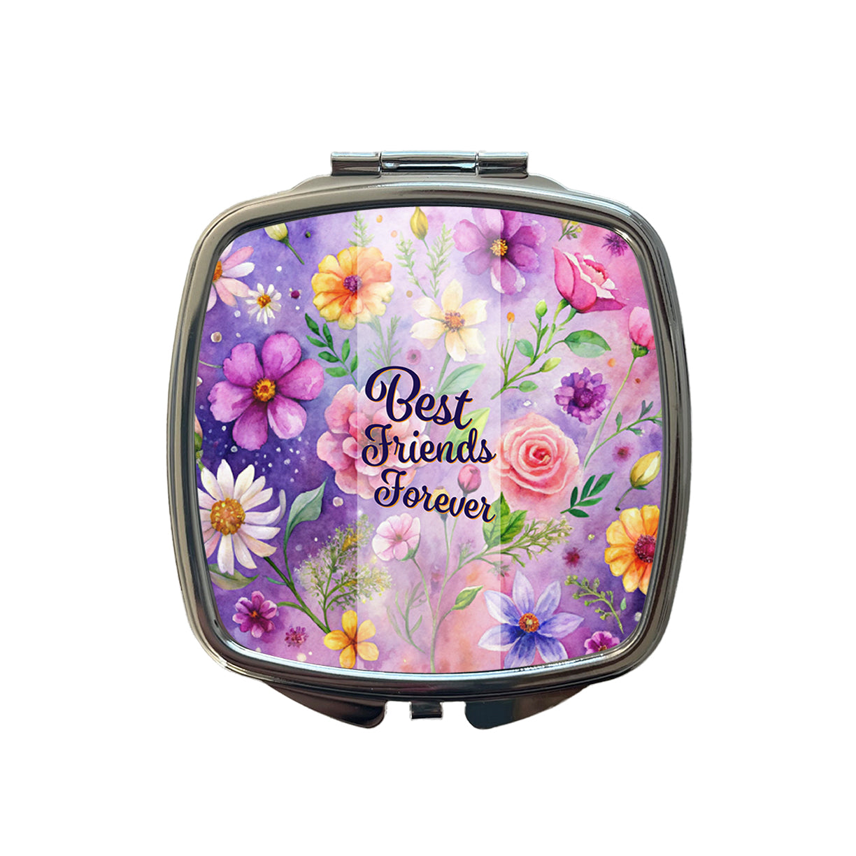 Best Friends Forever Flowers Purple Background Small Travel Purse Handbag Pocket Makeup Compact Mirror