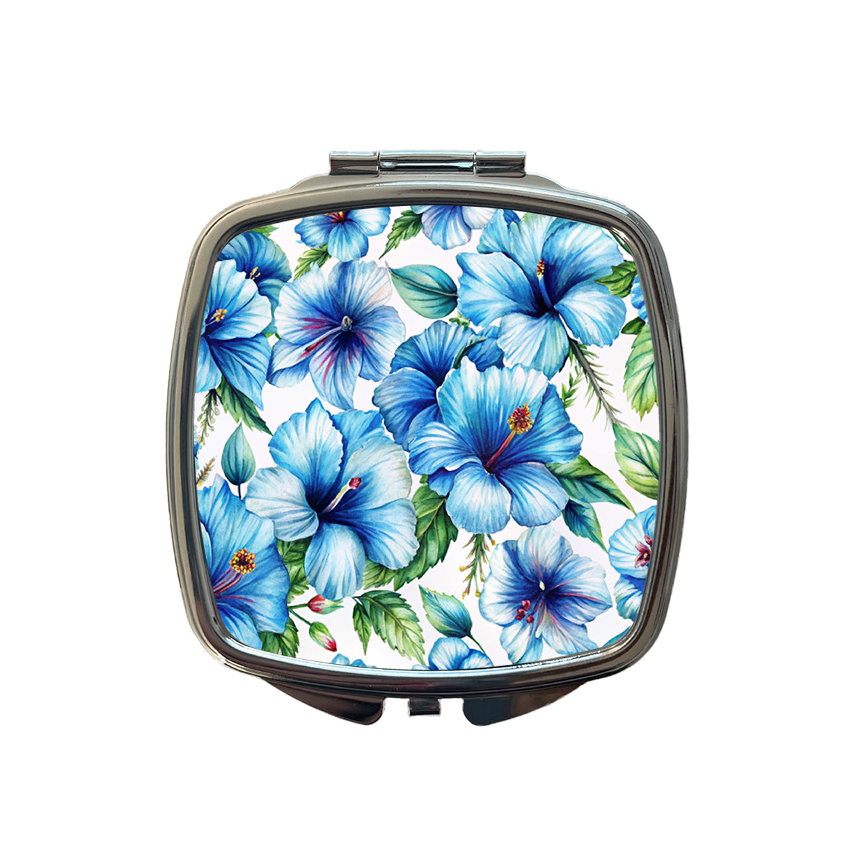 Blue Hibiscus Flowers Watercolor Small Travel Purse Handbag Pocket Makeup Compact Mirror