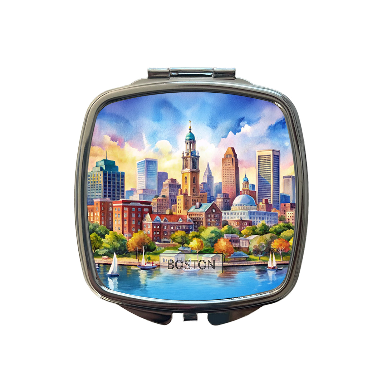 Boston Massachusetts Travel City Watercolor Small Travel Purse Handbag Pocket Makeup Compact Mirror