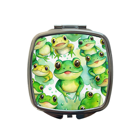 Bunch Of Cute Green Frogs Watercolor Small Travel Purse Handbag Pocket Makeup Compact Mirror