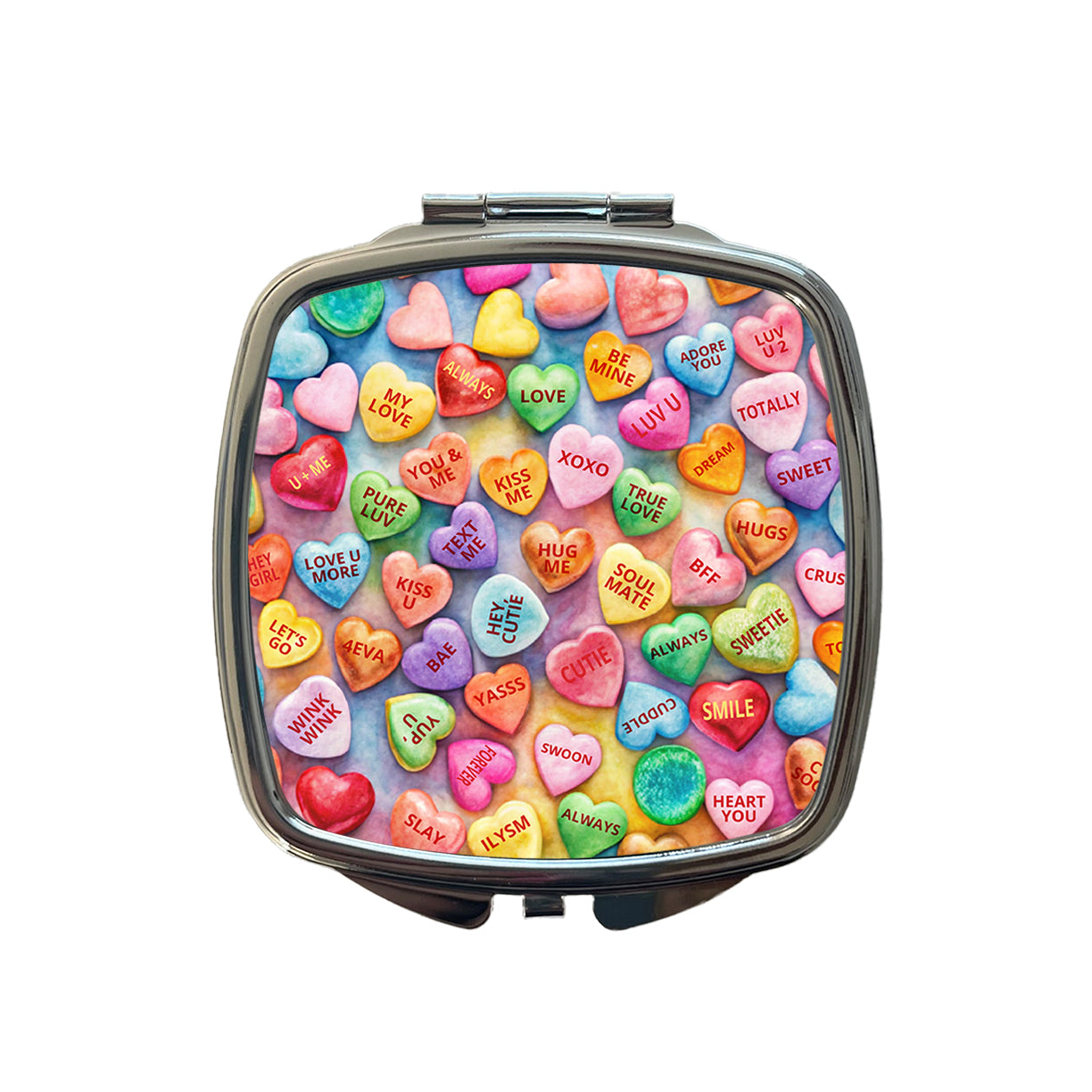 Candy Conversation Hearts Candy Valentine's Day Love Small Travel Purse Handbag Pocket Makeup Compact Mirror