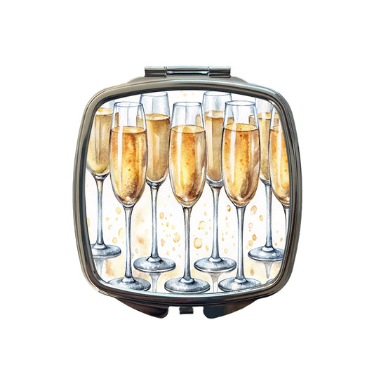 Champagne Glasses Small Travel Purse Handbag Pocket Makeup Compact Mirror
