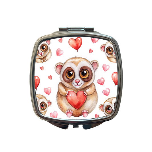 Chibi Slow Loris And Hearts Watercolor Small Travel Purse Handbag Pocket Makeup Compact Mirror