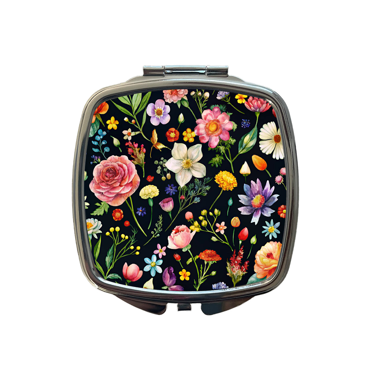 Flowers Black Background Watercolor Small Travel Purse Handbag Pocket Makeup Compact Mirror