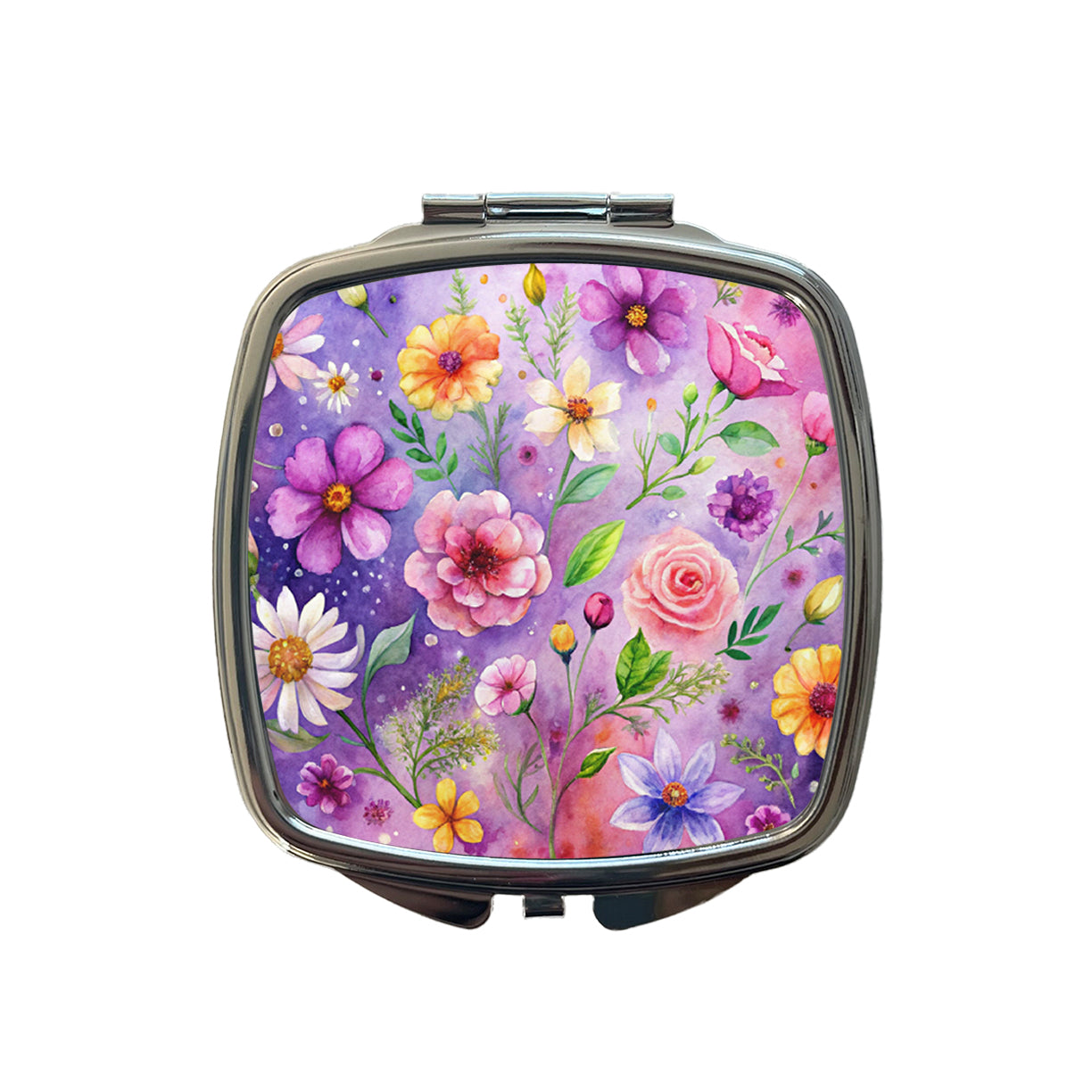 Flowers Purple Background Watercolor Small Travel Purse Handbag Pocket Makeup Compact Mirror