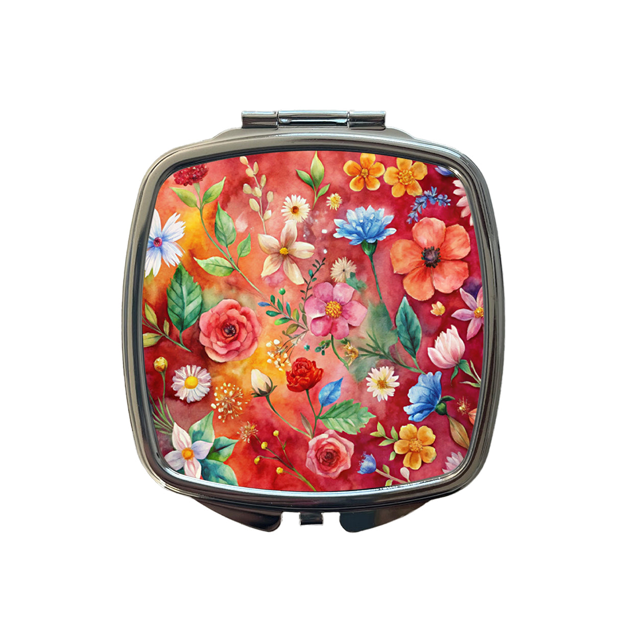 Flowers Red Background Watercolor Small Travel Purse Handbag Pocket Makeup Compact Mirror