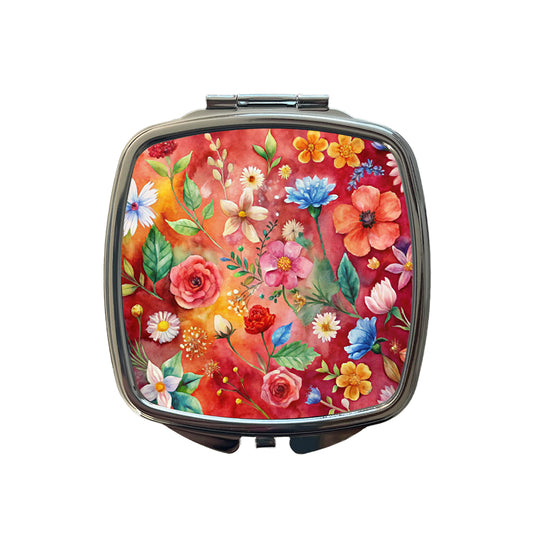 Flowers Red Background Watercolor Small Travel Purse Handbag Pocket Makeup Compact Mirror