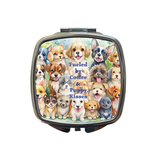 Fueled By Coffee Puppy Kisses Dog Mom Dad Small Travel Purse Handbag Pocket Makeup Compact Mirror