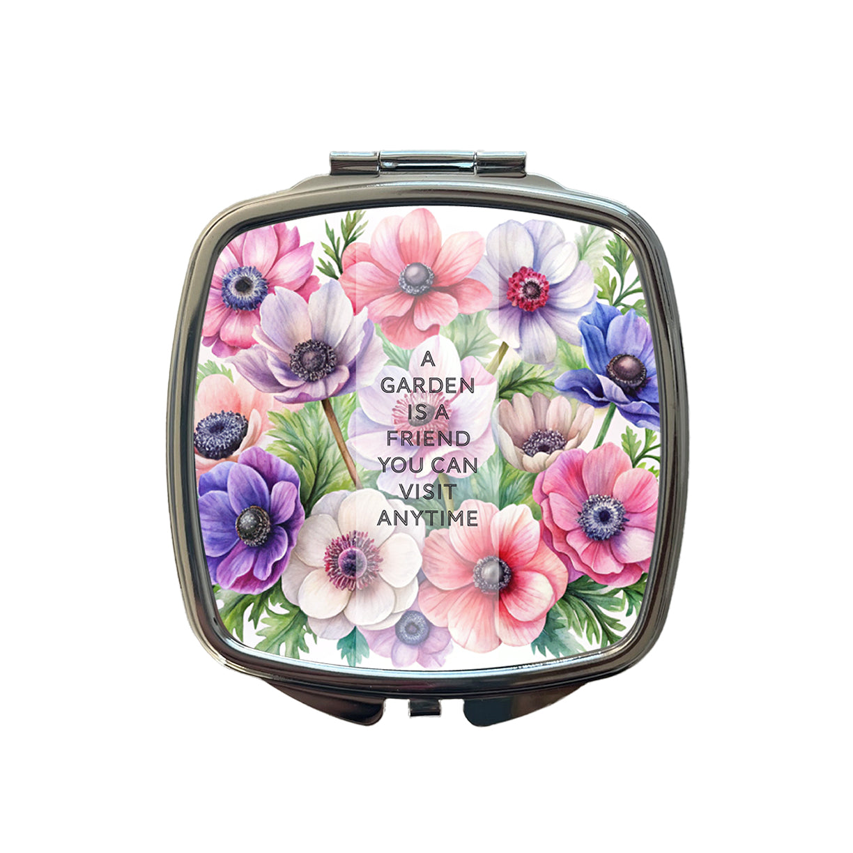 Garden Is Friend Inspirational Gardening Anemone Flowers Watercolor Small Travel Purse Handbag Pocket Makeup Compact Mirror