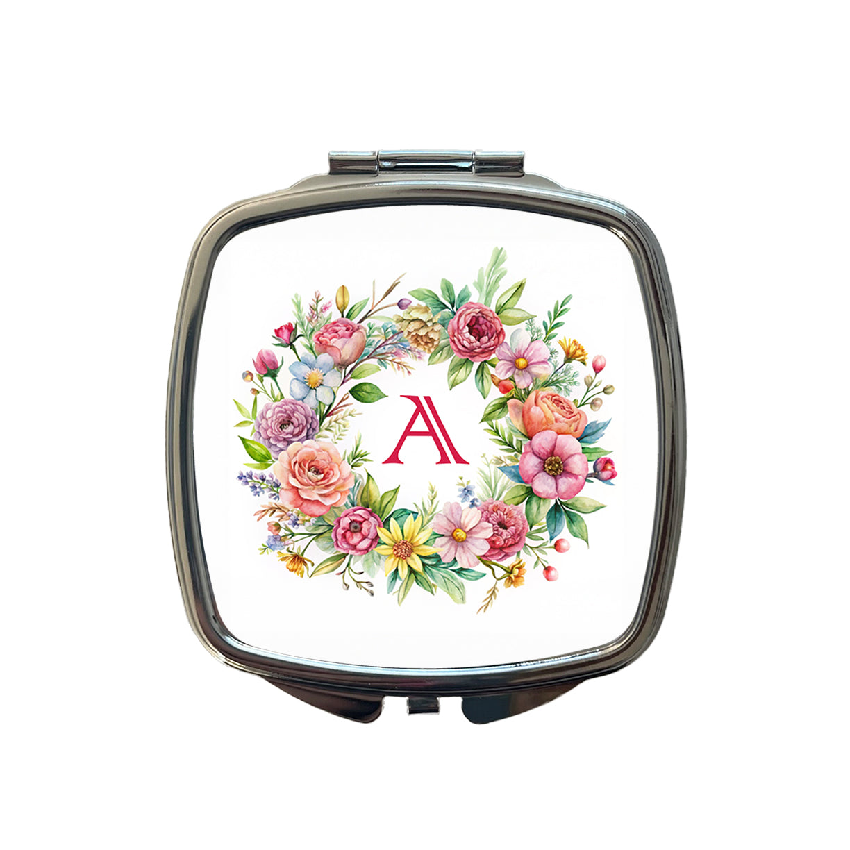 Letter A Initial Monogram Flowers Floral Small Travel Purse Handbag Pocket Makeup Compact Mirror