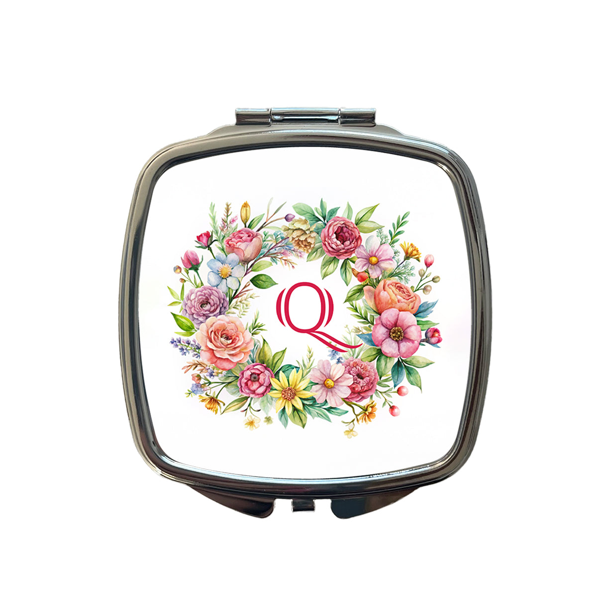 Letter Q Initial Monogram Flowers Floral Small Travel Purse Handbag Pocket Makeup Compact Mirror