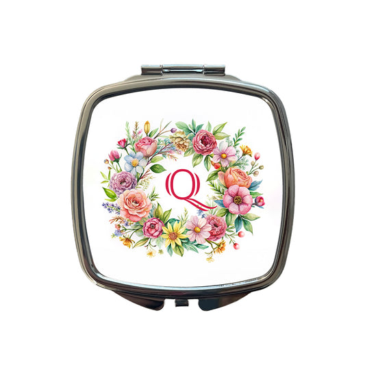 Letter Q Initial Monogram Flowers Floral Small Travel Purse Handbag Pocket Makeup Compact Mirror