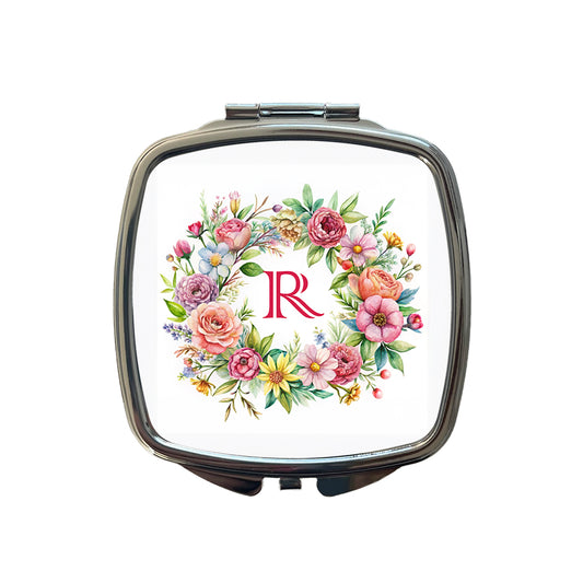 Letter R Initial Monogram Flowers Floral Small Travel Purse Handbag Pocket Makeup Compact Mirror