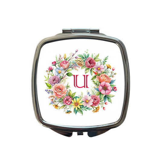 Letter U Initial Monogram Flowers Floral Small Travel Purse Handbag Pocket Makeup Compact Mirror