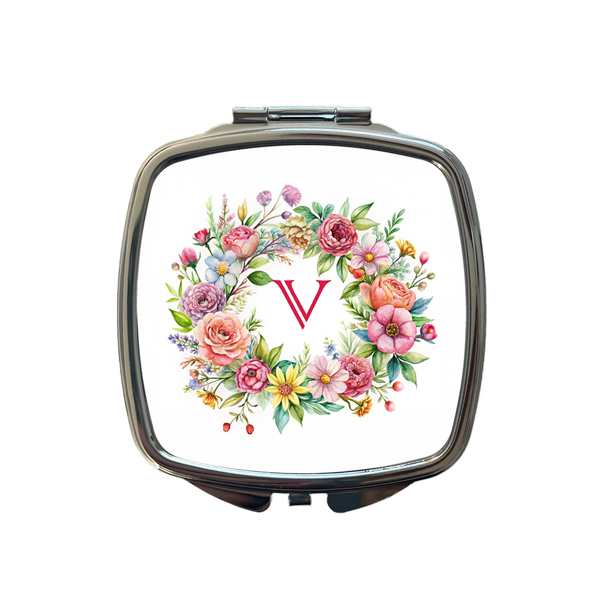Letter V Initial Monogram Flowers Floral Small Travel Purse Handbag Pocket Makeup Compact Mirror