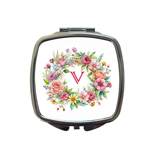 Letter V Initial Monogram Flowers Floral Small Travel Purse Handbag Pocket Makeup Compact Mirror