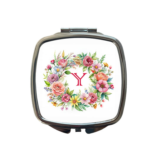 Letter Y Initial Monogram Flowers Floral Small Travel Purse Handbag Pocket Makeup Compact Mirror