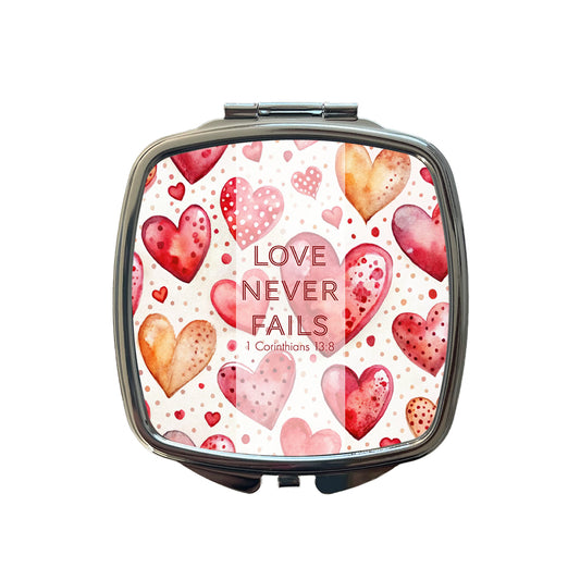 Love Never Fails Corinthians Red Hearts Christian Inspirational Small Travel Purse Handbag Pocket Makeup Compact Mirror
