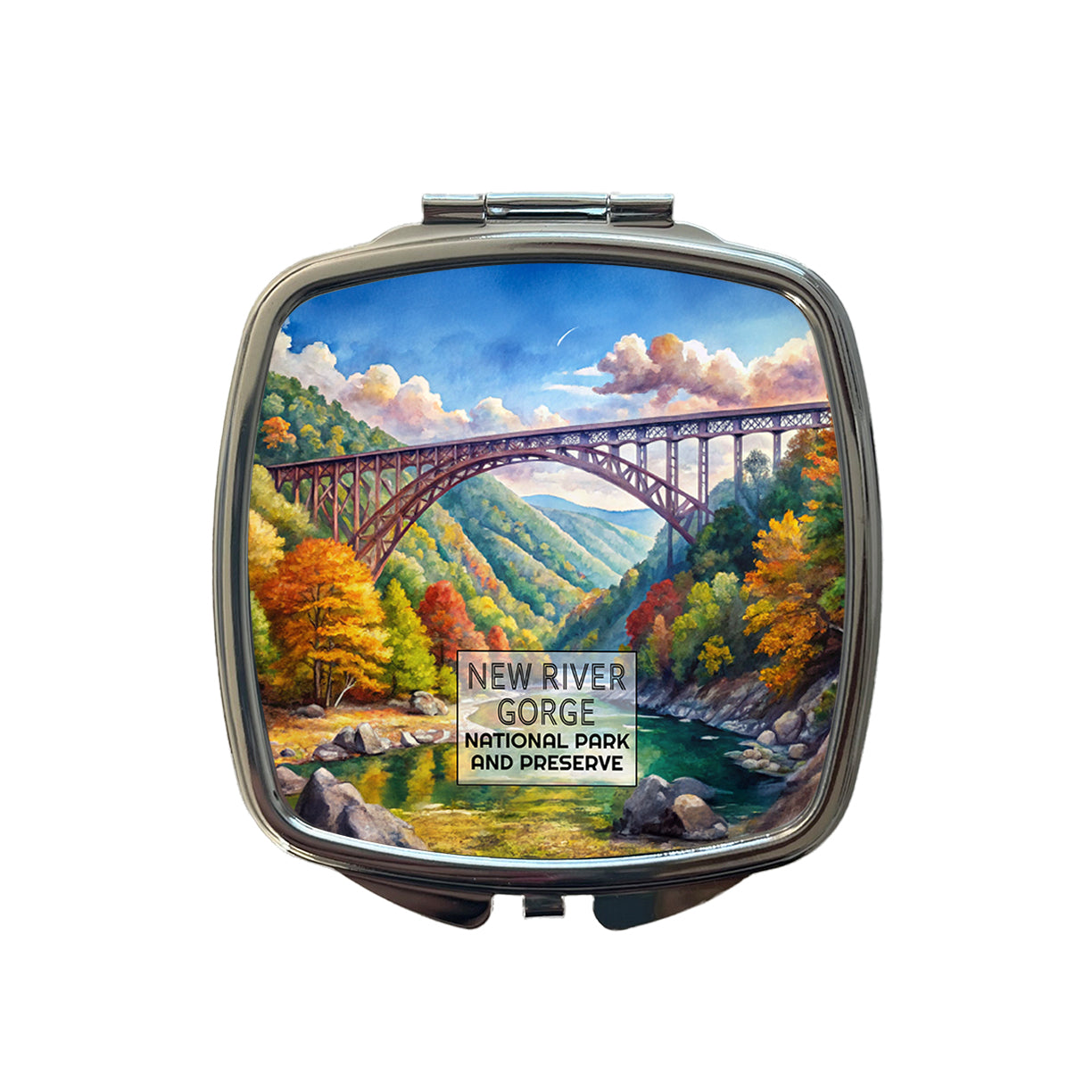 New River Gorge With Bridge National Park West Virginia Watercolor Small Travel Purse Handbag Pocket Makeup Compact Mirror