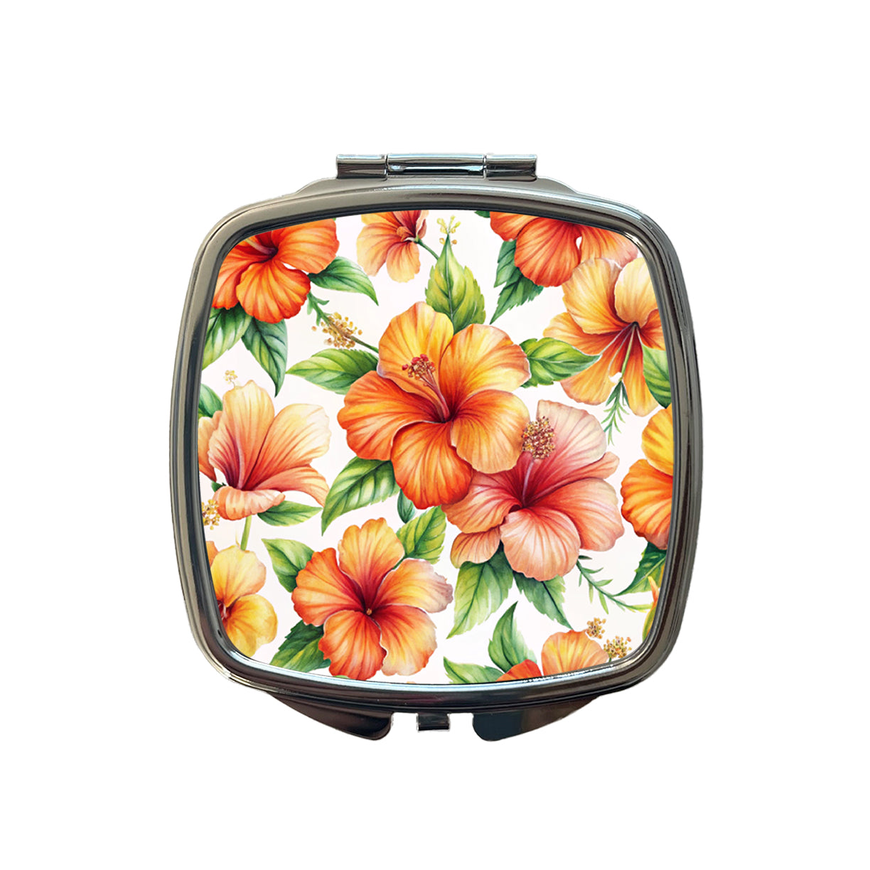 Orange Hibiscus Flowers Watercolor Small Travel Purse Handbag Pocket Makeup Compact Mirror