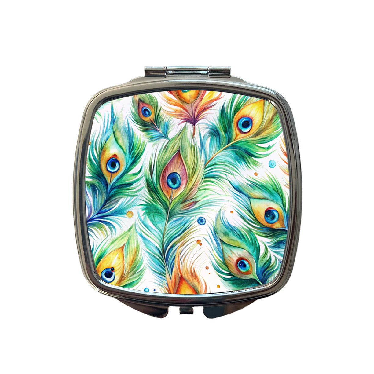 Peacock Feathers Watercolor Small Travel Purse Handbag Pocket Makeup Compact Mirror