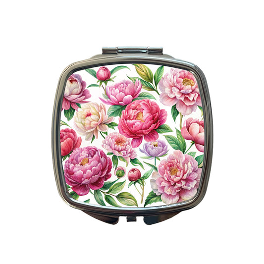 Peonies Pink Flowers Watercolor Small Travel Purse Handbag Pocket Makeup Compact Mirror
