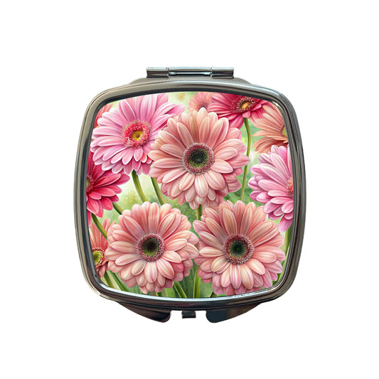 Pink Gerbera Daisies Flowers Watercolor Small Travel Purse Handbag Pocket Makeup Compact Mirror