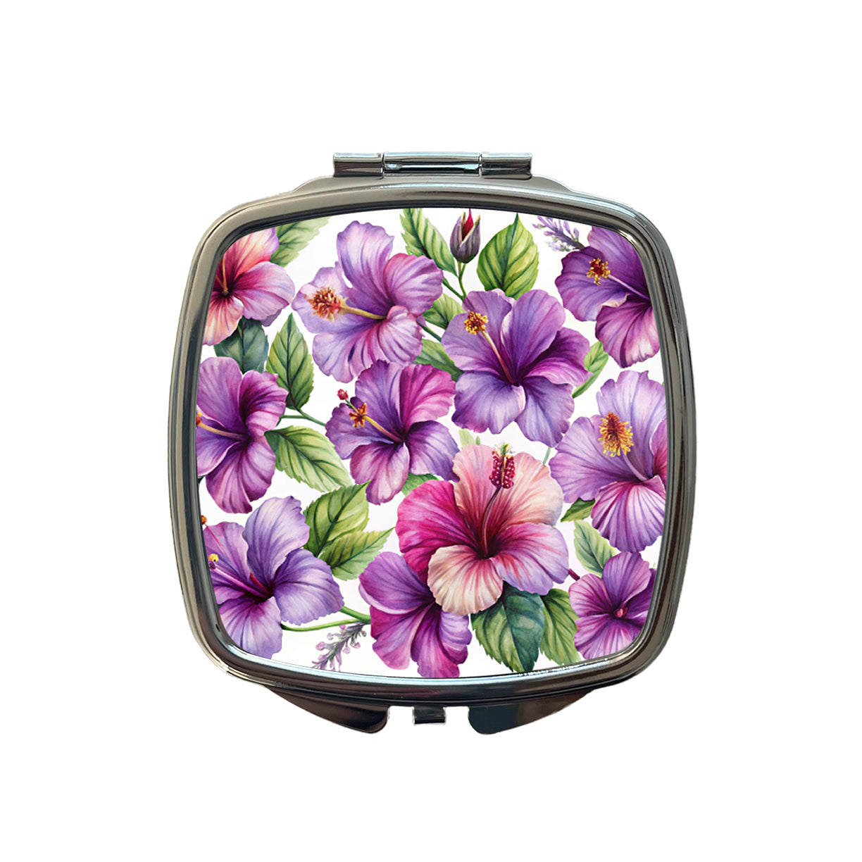 Purple Hibiscus Flowers Watercolor Small Travel Purse Handbag Pocket Makeup Compact Mirror