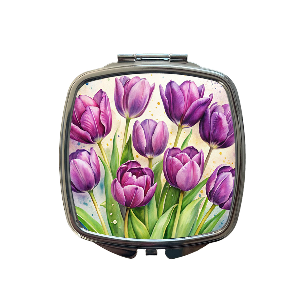 Purple Tulips Flowers Watercolor Small Travel Purse Handbag Pocket Makeup Compact Mirror