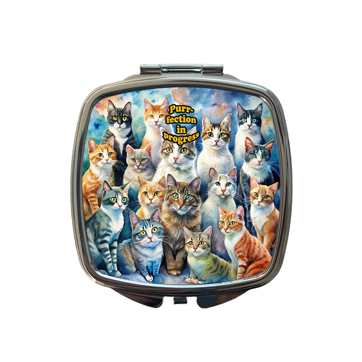 Purrfection Perfection In Progress Cats Lover Funny Small Travel Purse Handbag Pocket Makeup Compact Mirror