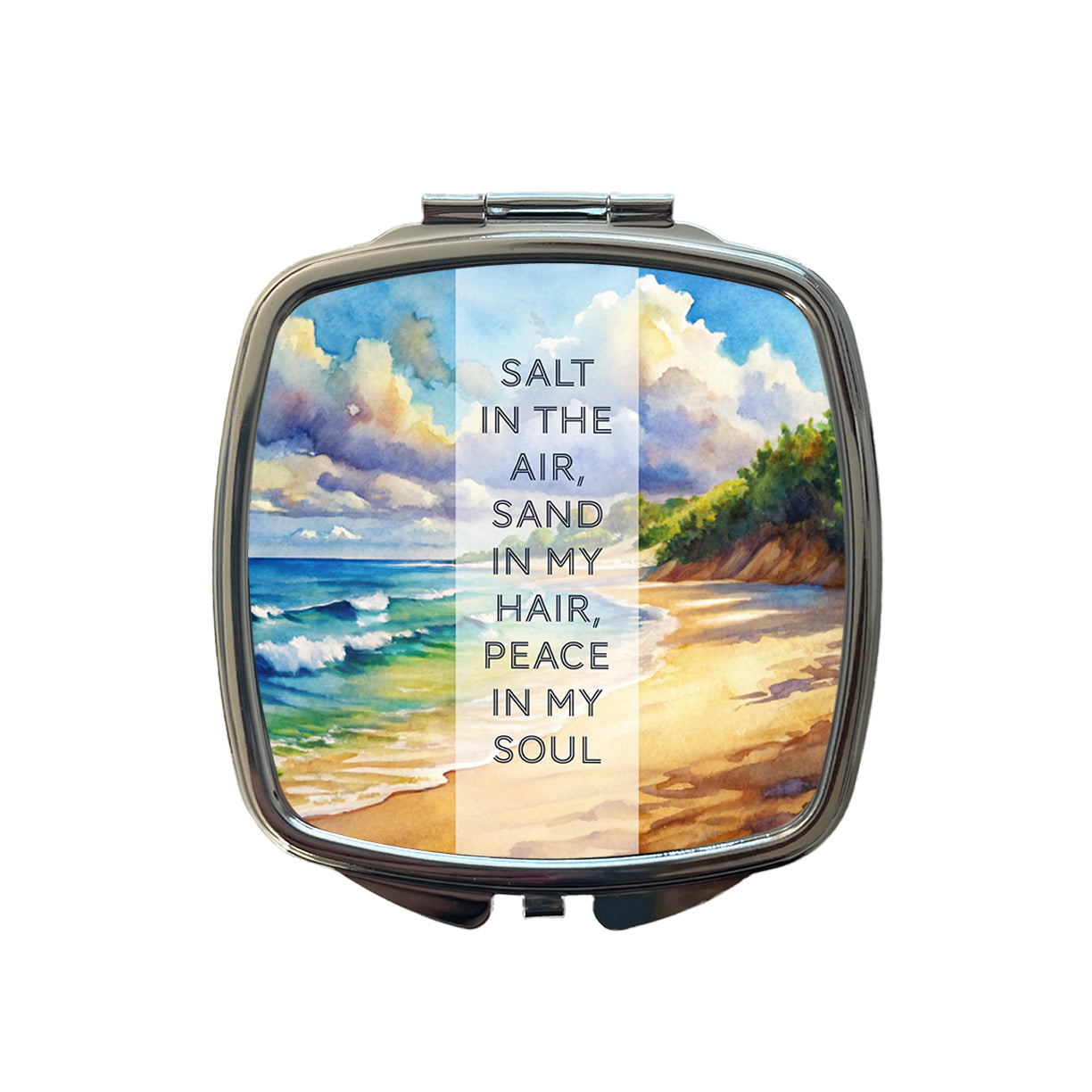 Salt Sand Peace Inspirational Beautiful Beach Ocean Watercolor Small Travel Purse Handbag Pocket Makeup Compact Mirror