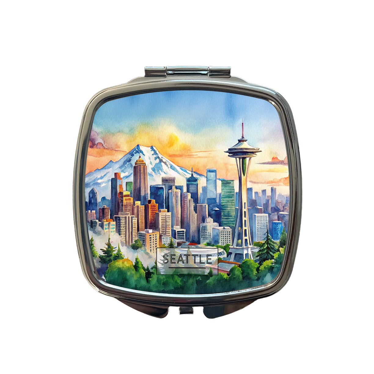 Seattle Washington Space Needle Travel City Watercolor Small Travel Purse Handbag Pocket Makeup Compact Mirror