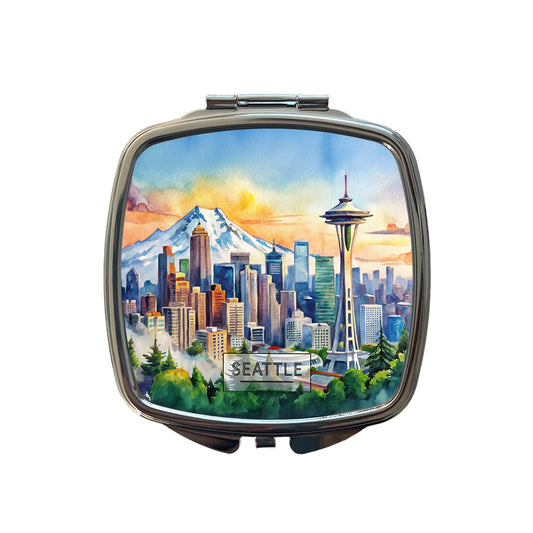Seattle Washington Space Needle Travel City Watercolor Small Travel Purse Handbag Pocket Makeup Compact Mirror