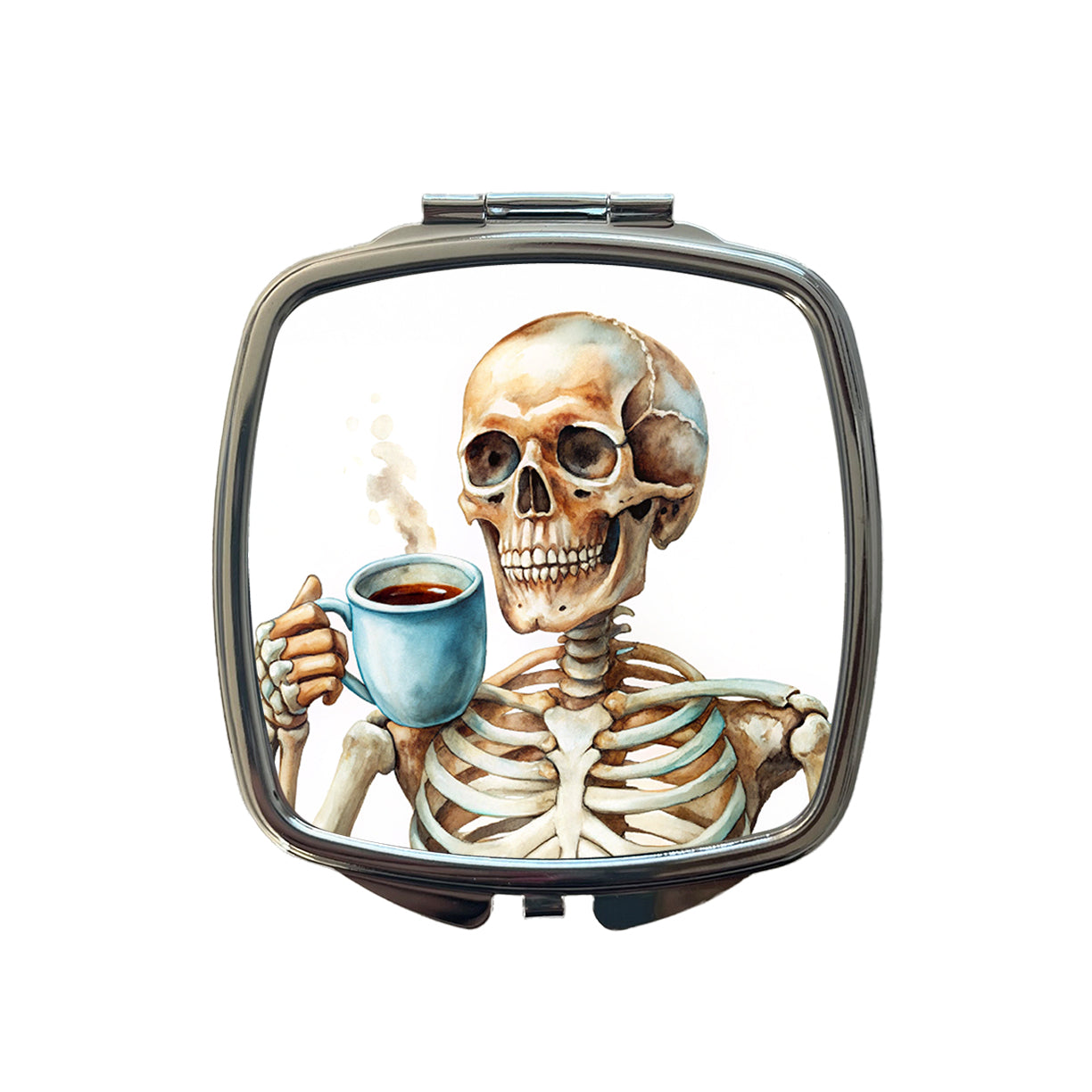 Skeleton Drinking Coffee Watercolor Small Travel Purse Handbag Pocket Makeup Compact Mirror