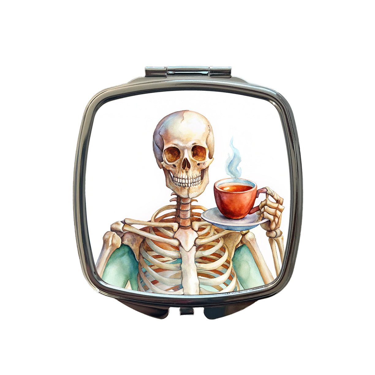 Skeleton Drinking Tea Watercolor Small Travel Purse Handbag Pocket Makeup Compact Mirror