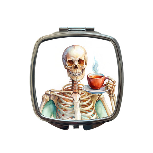 Skeleton Drinking Tea Watercolor Small Travel Purse Handbag Pocket Makeup Compact Mirror